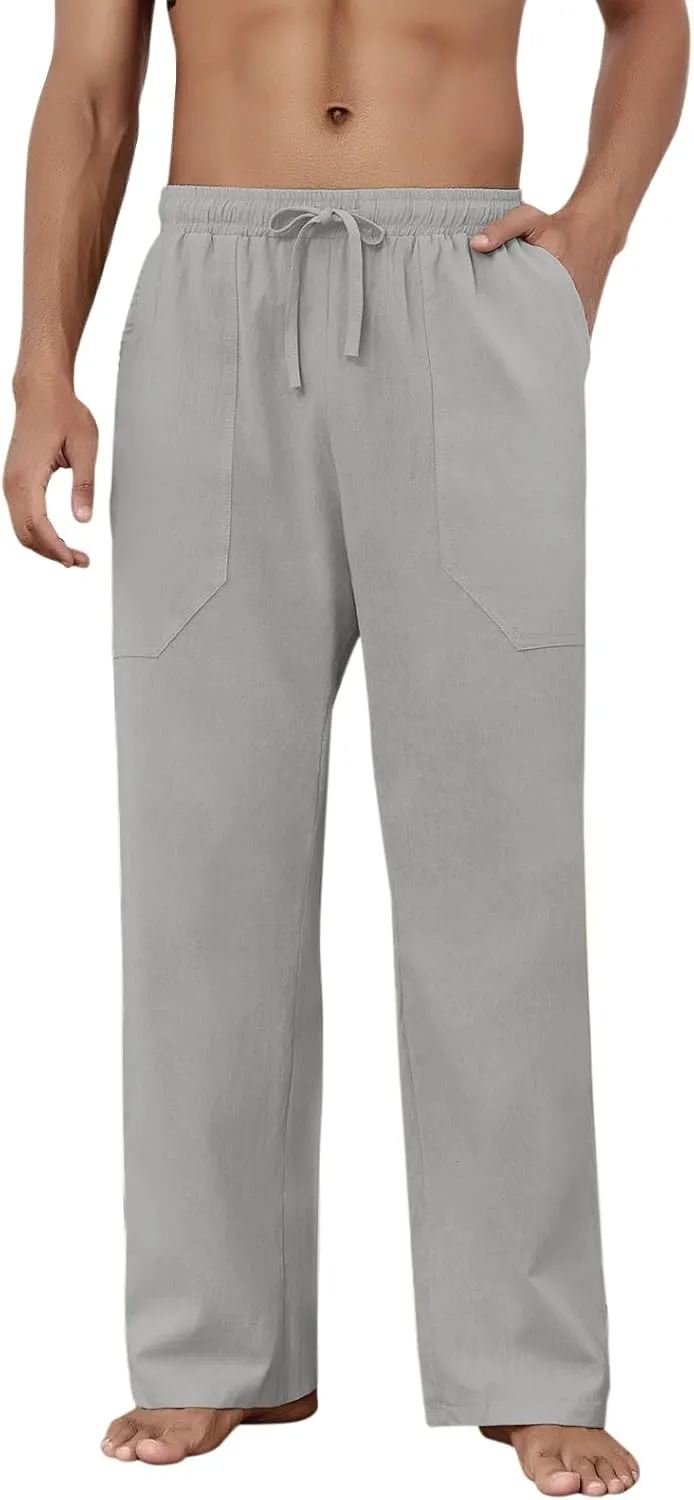 Puimentiua Cotton Linen Pants Men Casual Loose Fit Elastic Drawstring Waist Summer Beach Pants