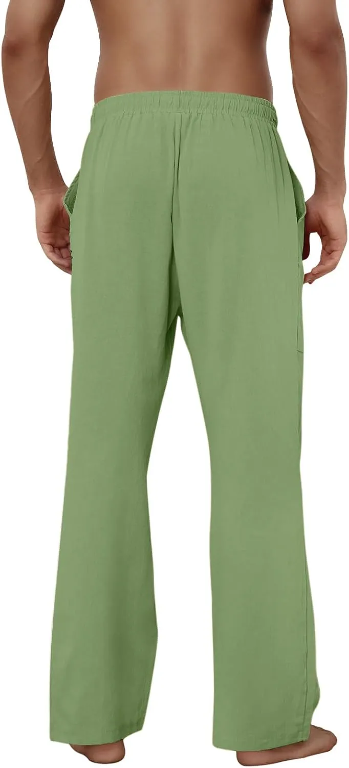 Puimentiua Cotton Linen Pants Men, Summer Beach Pants Loose Fit with Elastic Waist Drawstring
