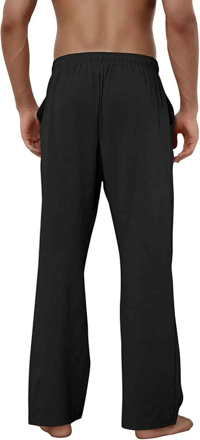 Puimentiua Cotton Linen Pants Men, Summer Beach Pants Loose Fit with Elastic Waist Drawstring