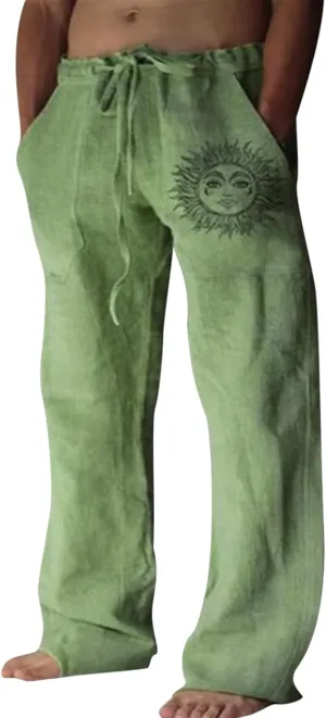 Puimentiua Cotton Linen Pants Men, Summer Beach Pants Loose Fit with Elastic Waist Drawstring