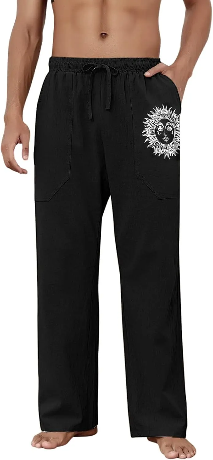 Puimentiua Cotton Linen Pants Men, Summer Beach Pants Loose Fit with Elastic Waist Drawstring