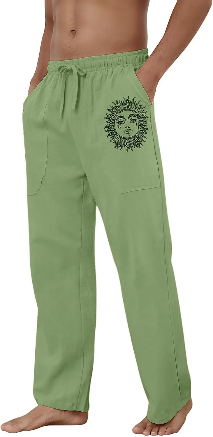 Puimentiua Cotton Linen Pants Men, Summer Beach Pants Loose Fit with Elastic Waist Drawstring