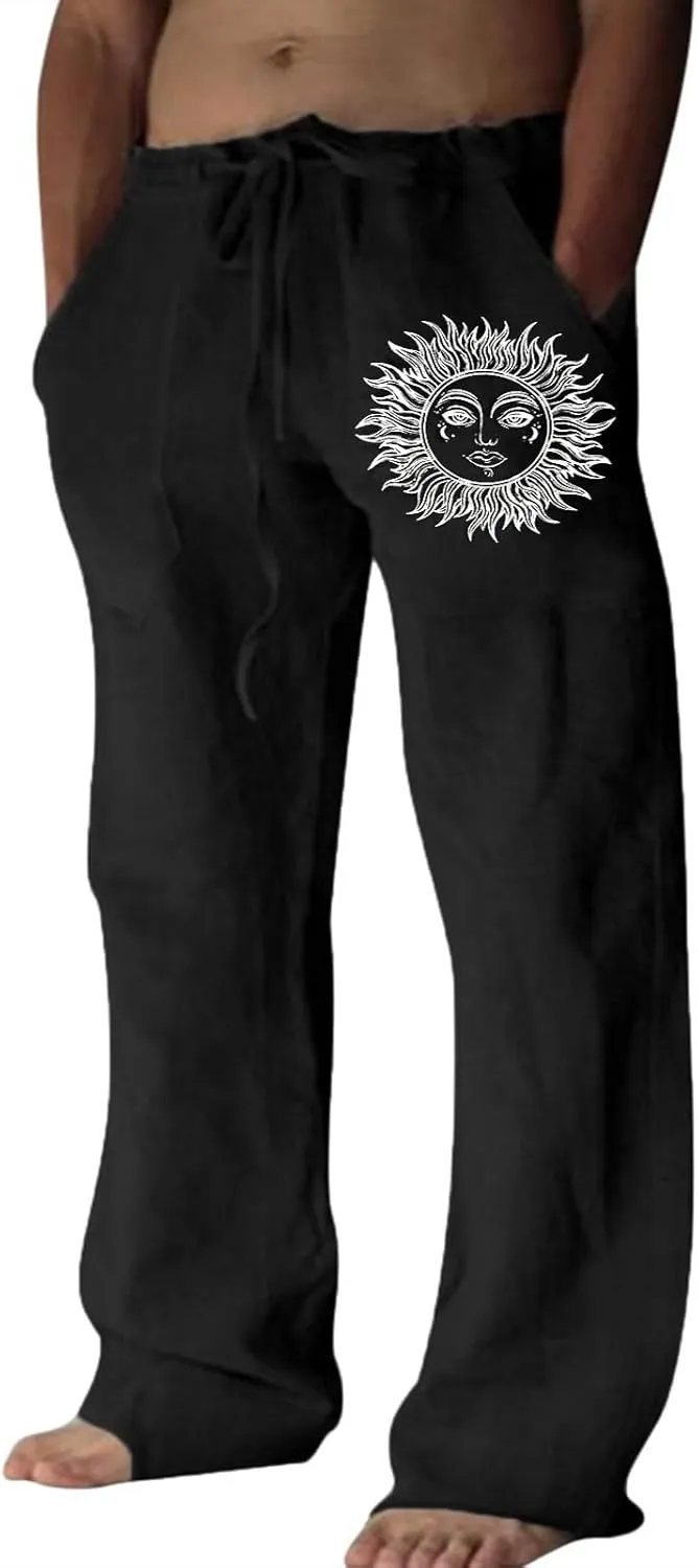Puimentiua Cotton Linen Pants Men, Summer Beach Pants Loose Fit with Elastic Waist Drawstring