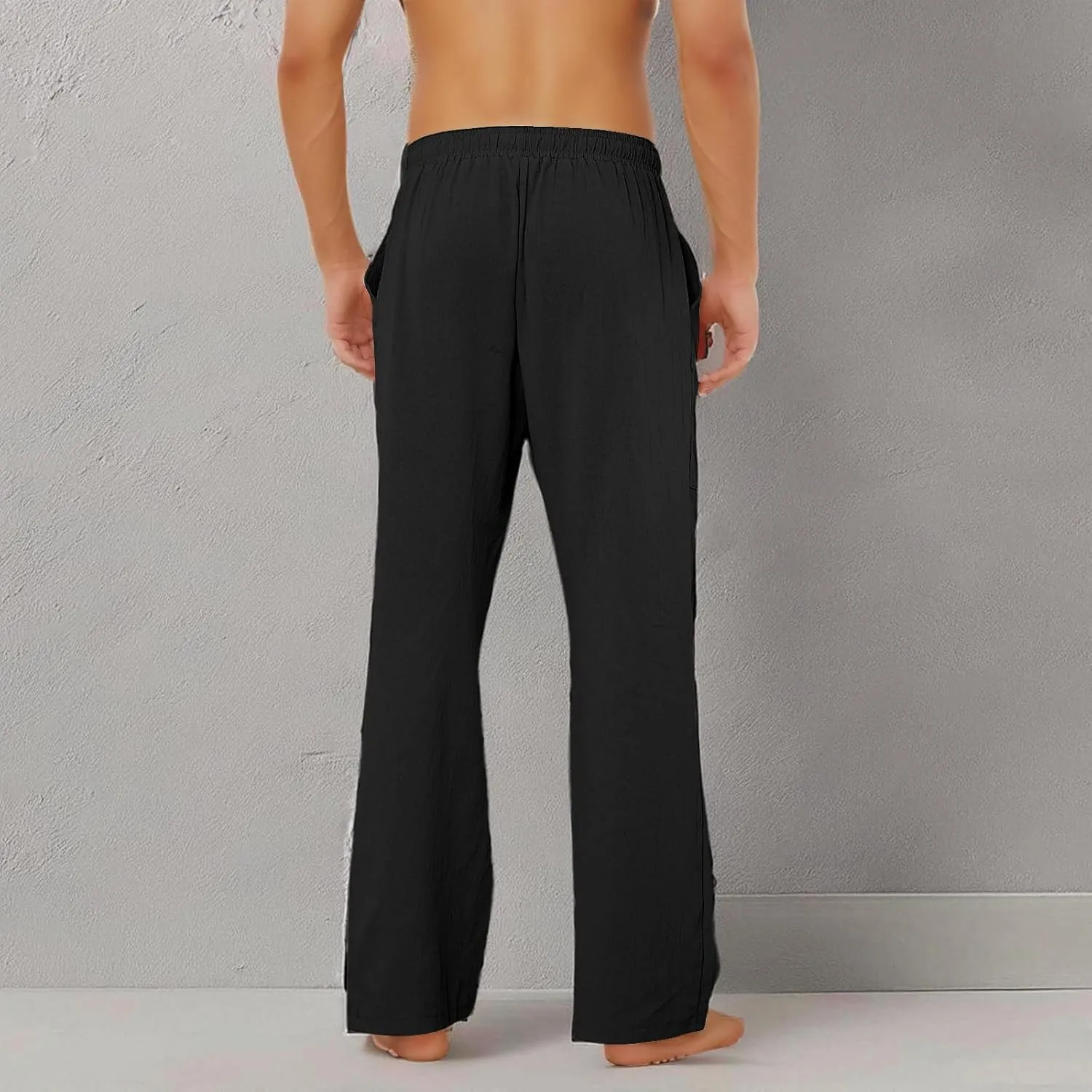 Puimentiua Cotton Linen Pants Men, Summer Beach Pants Loose Fit with Elastic Waist Drawstring