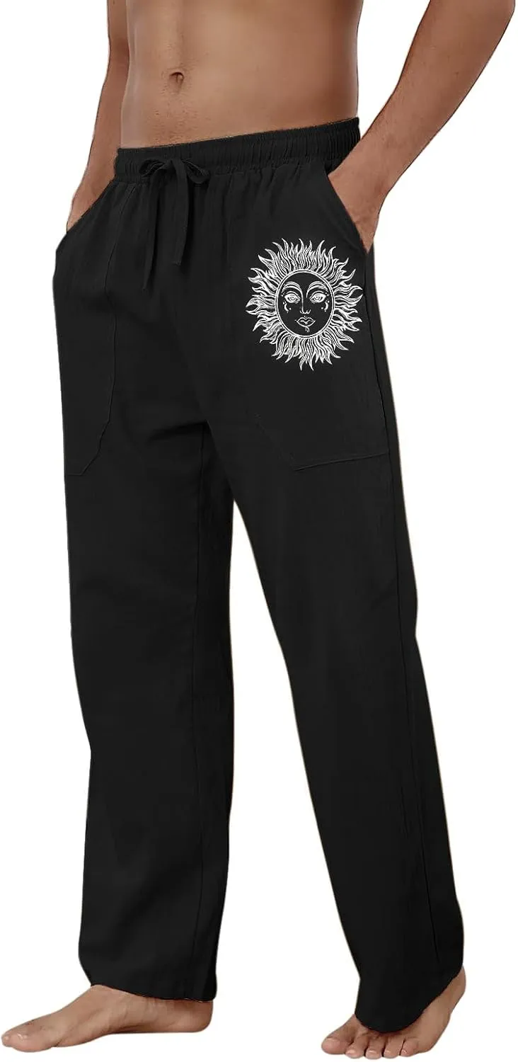 Puimentiua Cotton Linen Pants Men, Summer Beach Pants Loose Fit with Elastic Waist Drawstring