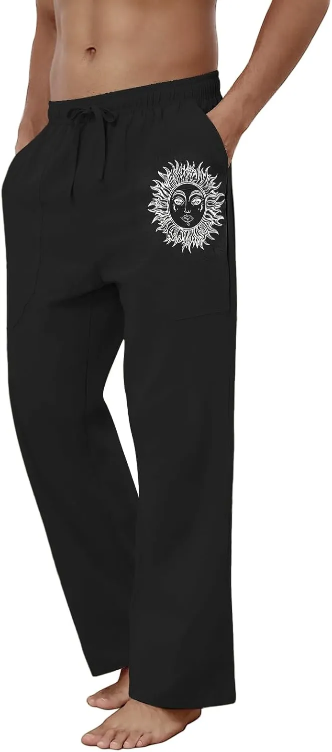 Puimentiua Cotton Linen Pants Men, Summer Beach Pants Loose Fit with Elastic Waist Drawstring