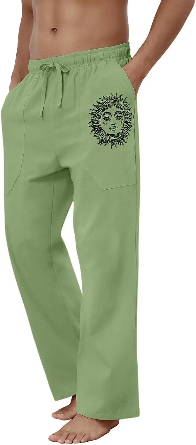 Puimentiua Cotton Linen Pants Men, Summer Beach Pants Loose Fit with Elastic Waist Drawstring