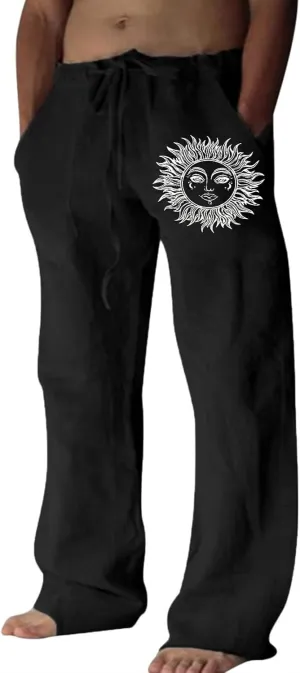 Puimentiua Cotton Linen Pants Men, Summer Beach Pants Loose Fit with Elastic Waist Drawstring
