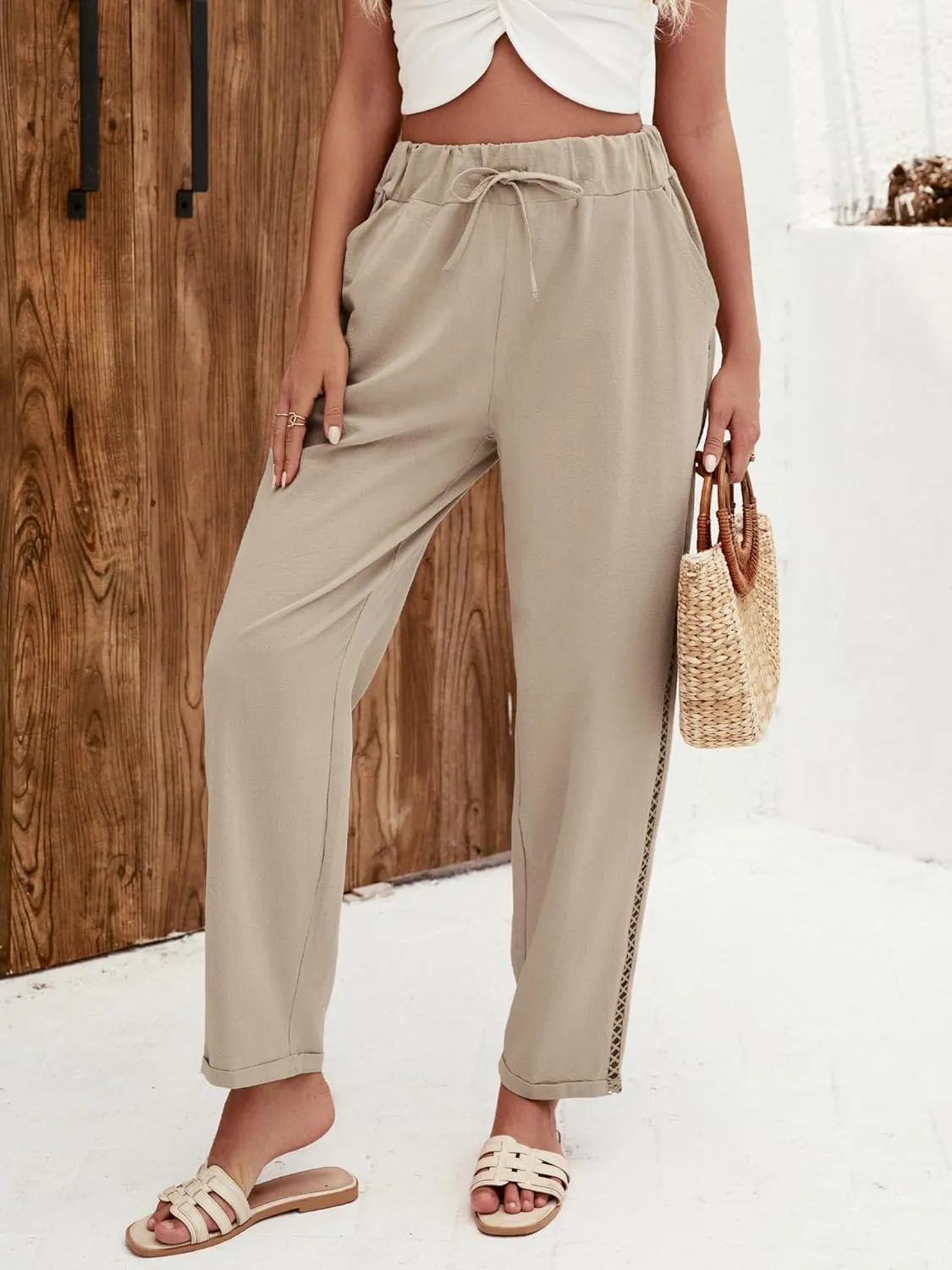 Puimentiua Women's Linen Capri Pants with Drawstring Petite Summer Beachwear Lightweight Elastic Waist Pants