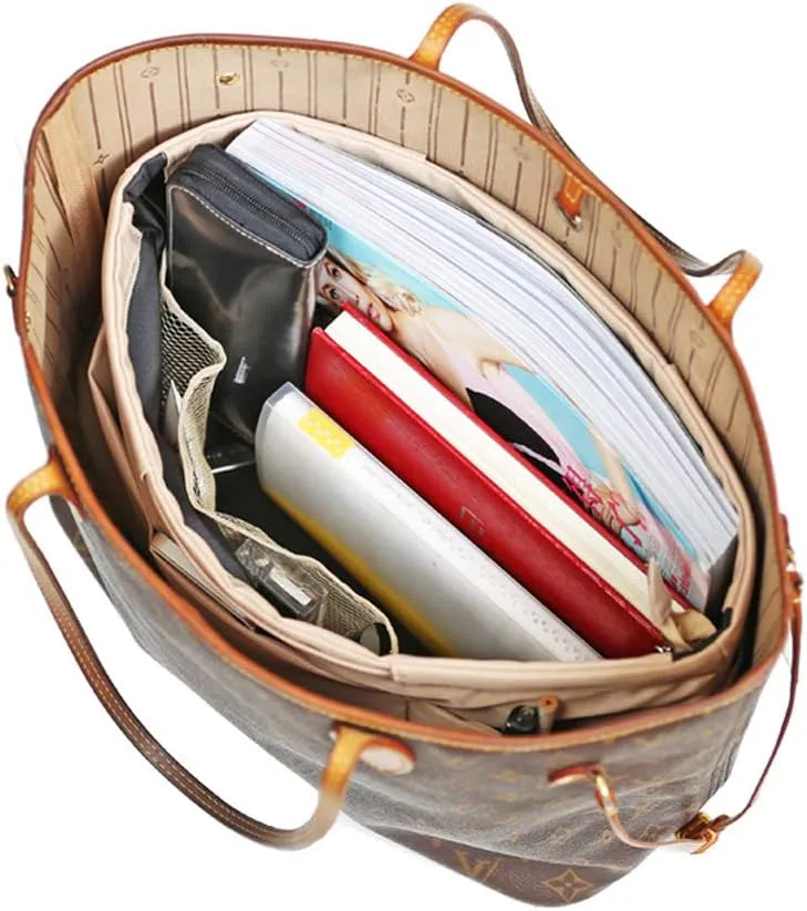 Purse Organizer Insert with zipper, Nylon fabric Storage Bag with handles, for womens Handbags & Tote bags, neverfull, lightweight small sized Beige