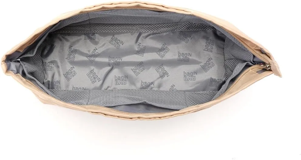 Purse Organizer Insert with zipper, Nylon fabric Storage Bag with handles, for womens Handbags & Tote bags, neverfull, lightweight small sized Beige