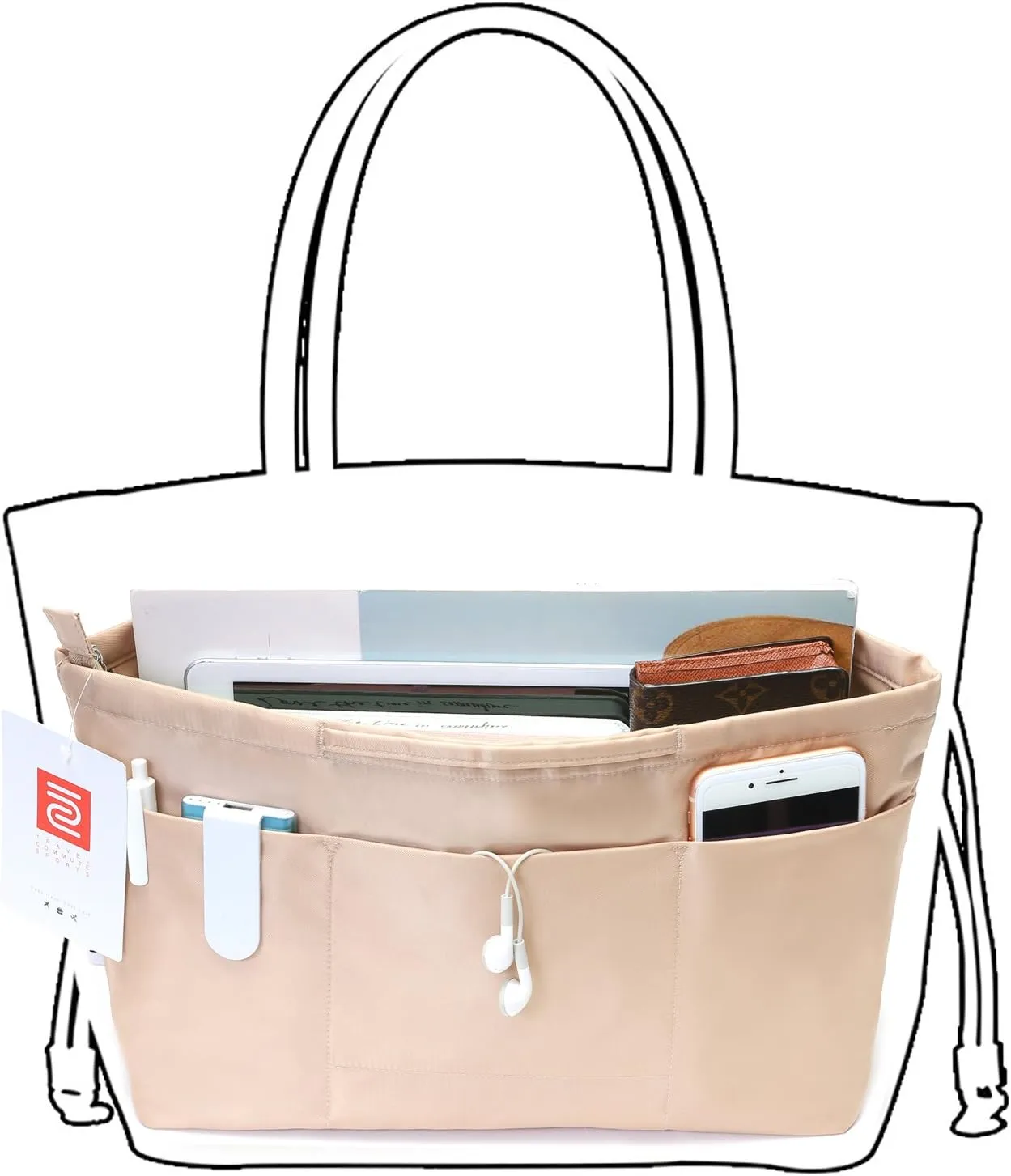 Purse Organizer Insert with zipper, Nylon fabric Storage Bag with handles, for womens Handbags & Tote bags, neverfull, lightweight small sized Beige