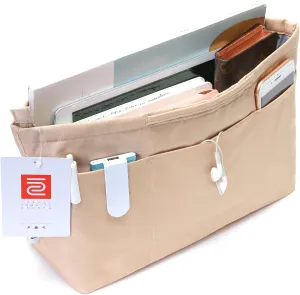 Purse Organizer Insert with zipper, Nylon fabric Storage Bag with handles, for womens Handbags & Tote bags, neverfull, lightweight small sized Beige