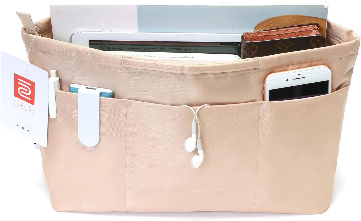 Purse Organizer Insert with zipper, Nylon fabric Storage Bag with handles, for womens Handbags & Tote bags, neverfull, lightweight small sized Beige