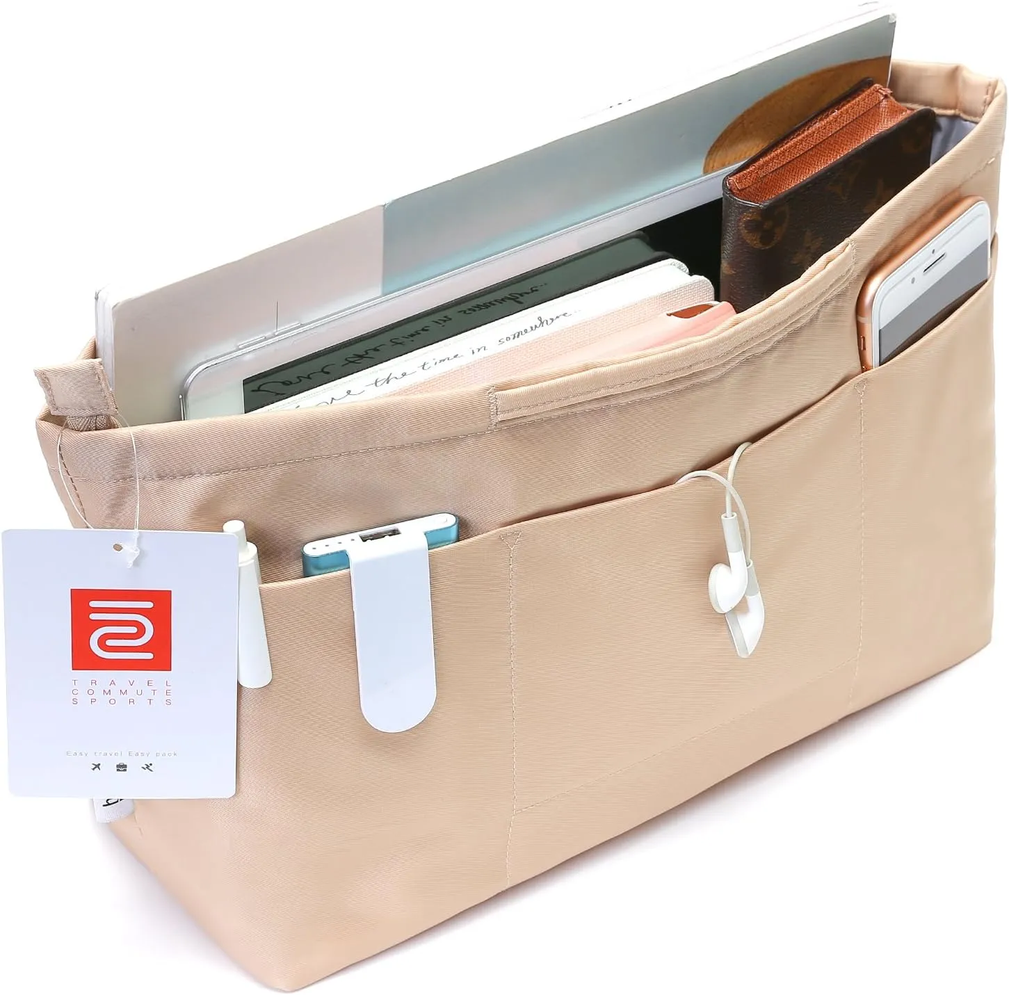 Purse Organizer Insert with zipper, Nylon fabric Storage Bag with handles, for womens Handbags & Tote bags, neverfull, lightweight small sized Beige