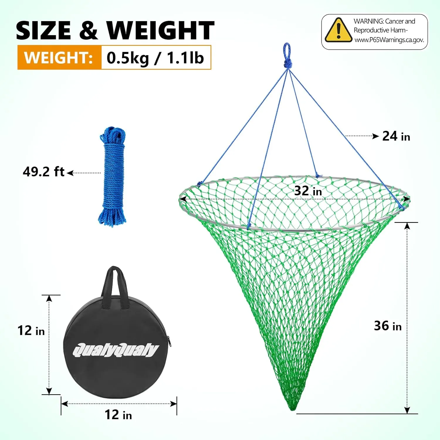 QualyQualy Bridge and Pier Fishing Net with Foldable Drop Net, Steel Hoop and Nylon Mesh