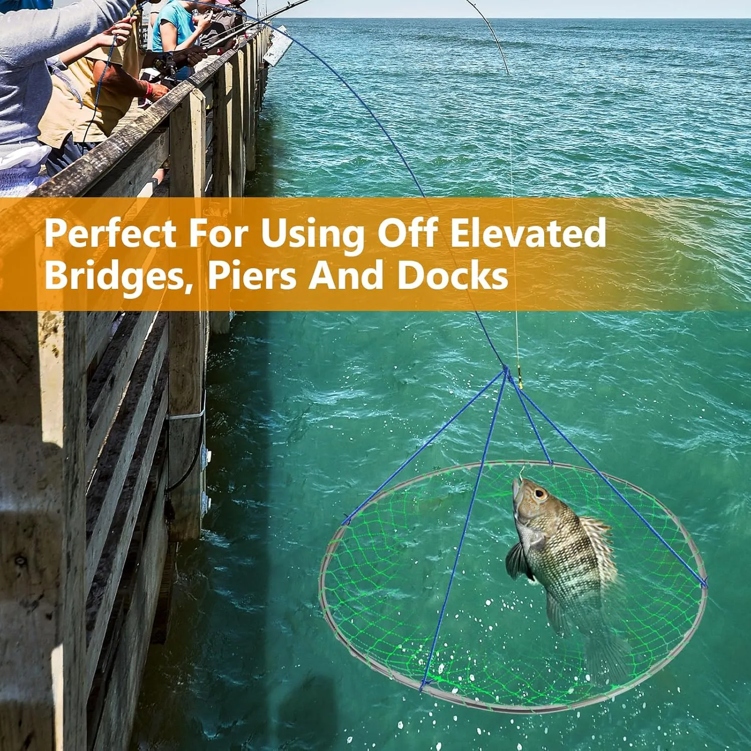 QualyQualy Bridge and Pier Fishing Net with Foldable Drop Net, Steel Hoop and Nylon Mesh
