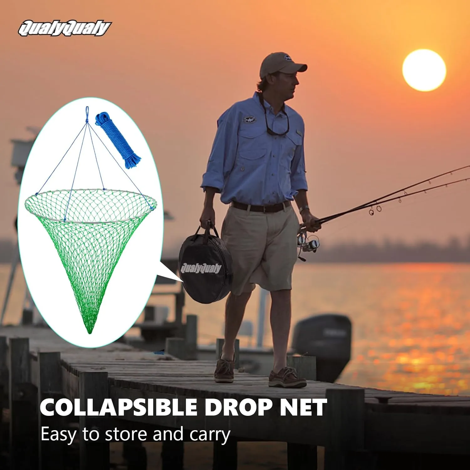QualyQualy Bridge and Pier Fishing Net with Foldable Drop Net, Steel Hoop and Nylon Mesh