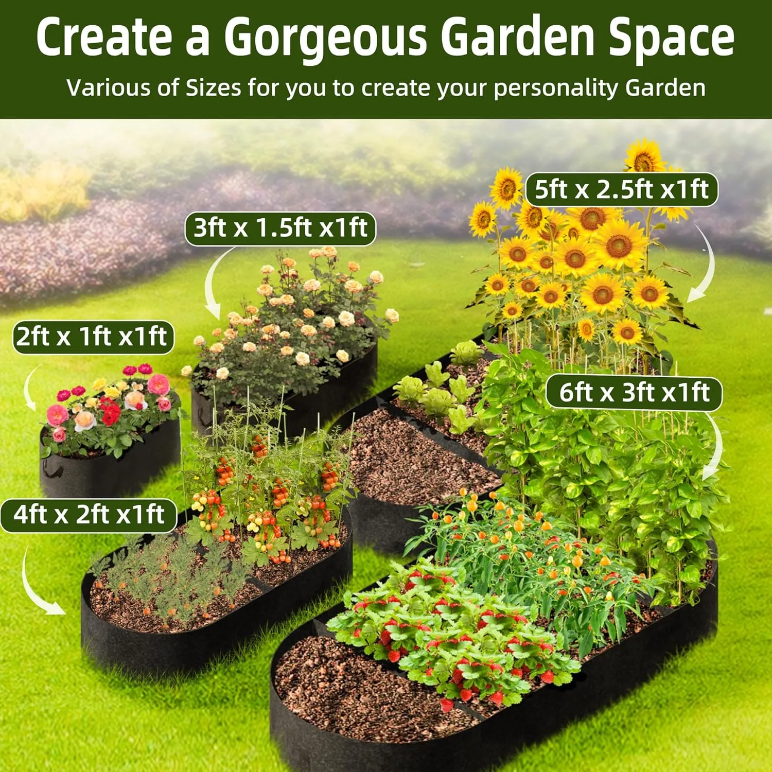 Raised Garden Beds Outdoor, 5x2.5x1ft Fabric Raised Beds for Gardening, Breathable Grow Bags for Vegetables Potatoes Flowers Herb, Oval Planter Growing Bags Raised Flower Bed Kit for Outdoor