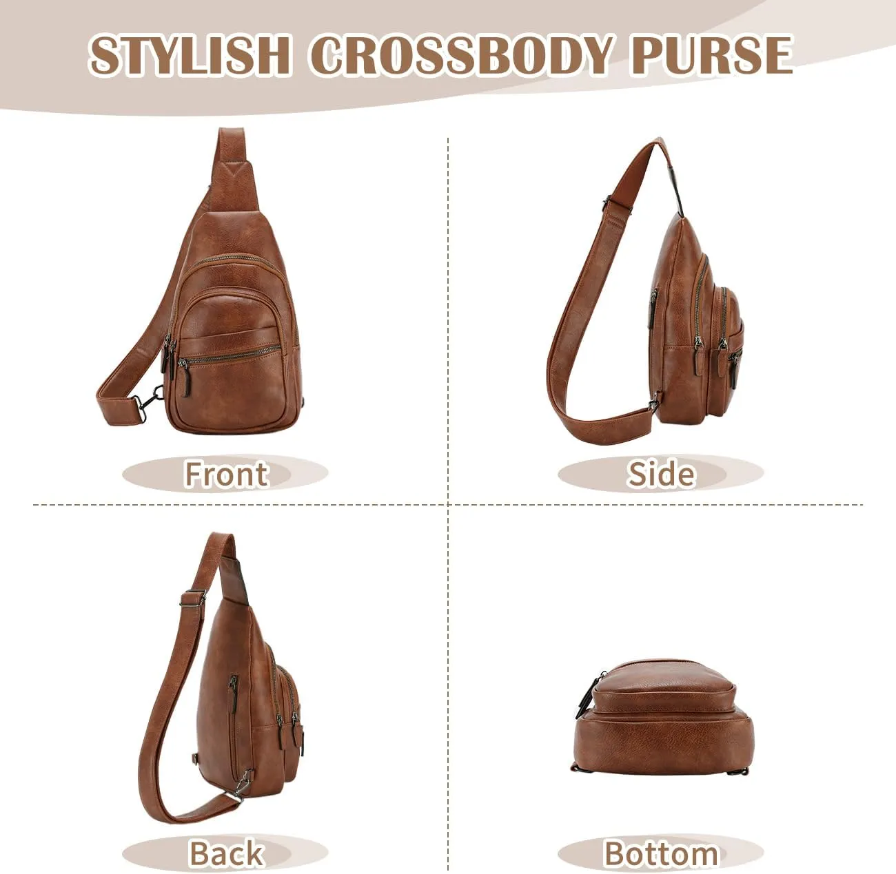 RAVUO Sling Bag, PU Leather Crossbody Backpack for Women Men Casual Hiking Daypack Multipurpose Chest Bag for Work College Brown