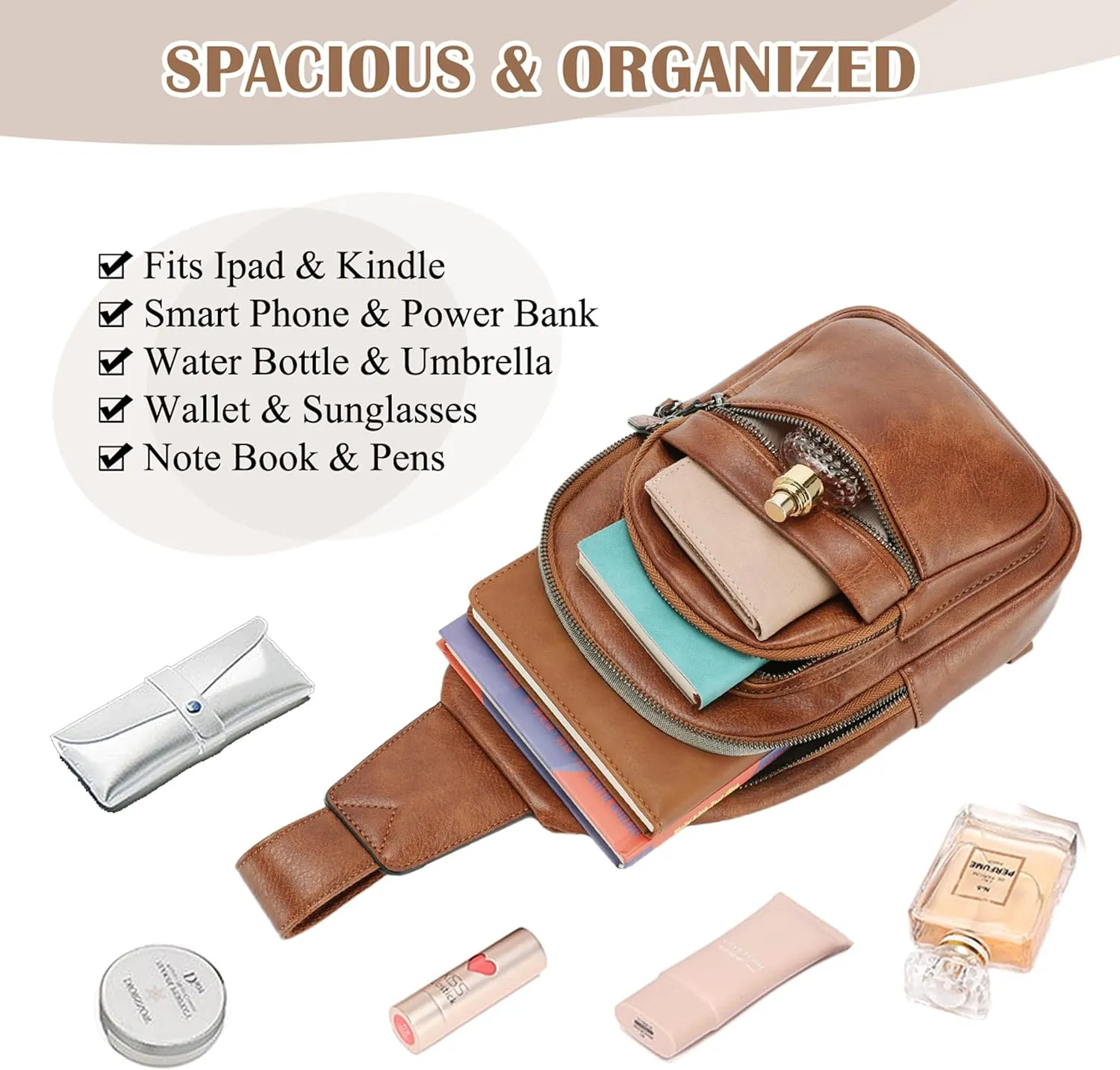 RAVUO Sling Bag, PU Leather Crossbody Backpack for Women Men Casual Hiking Daypack Multipurpose Chest Bag for Work College Brown