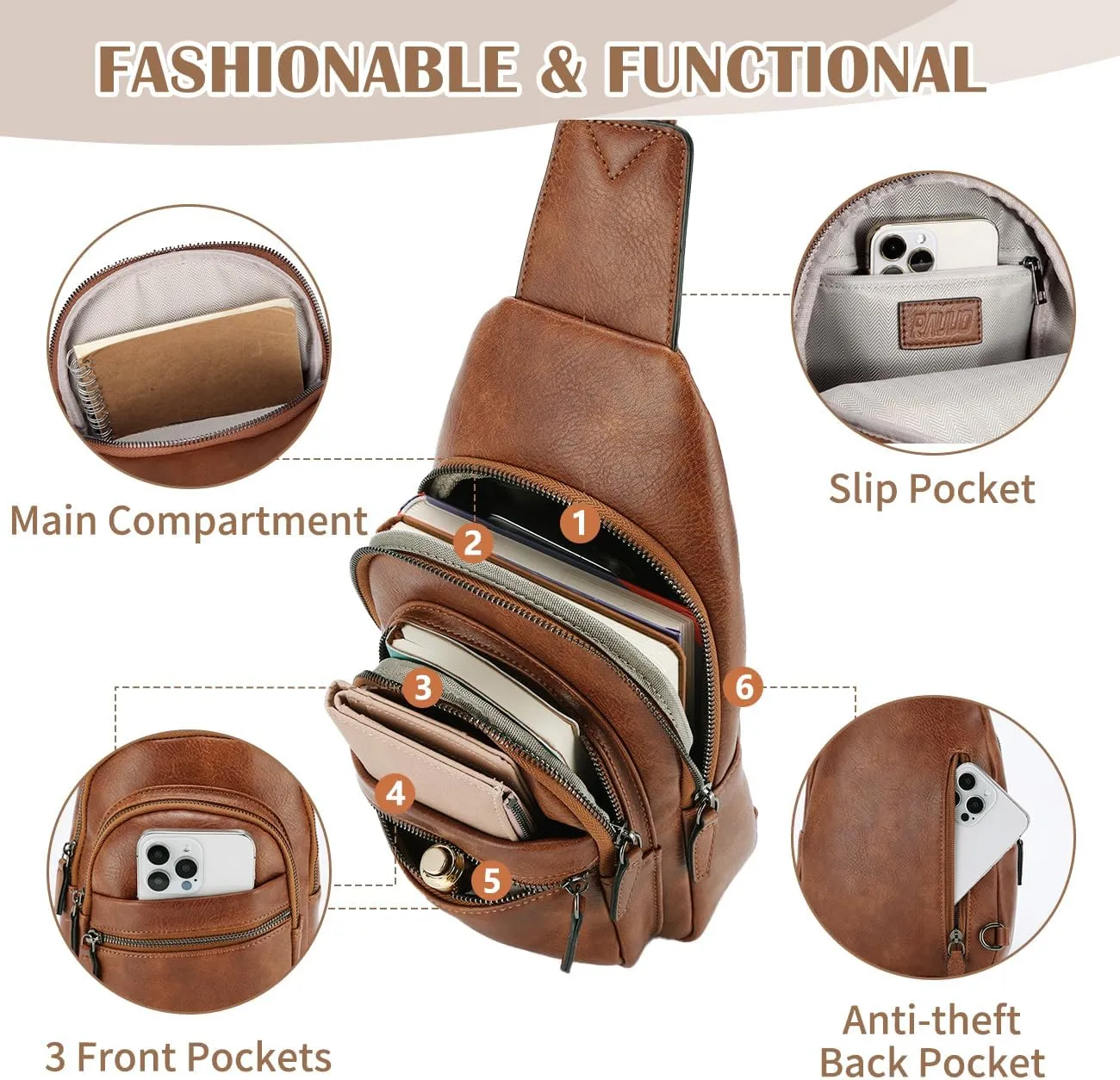 RAVUO Sling Bag, PU Leather Crossbody Backpack for Women Men Casual Hiking Daypack Multipurpose Chest Bag for Work College Brown