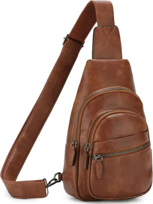 RAVUO Sling Bag, PU Leather Crossbody Backpack for Women Men Casual Hiking Daypack Multipurpose Chest Bag for Work College Brown