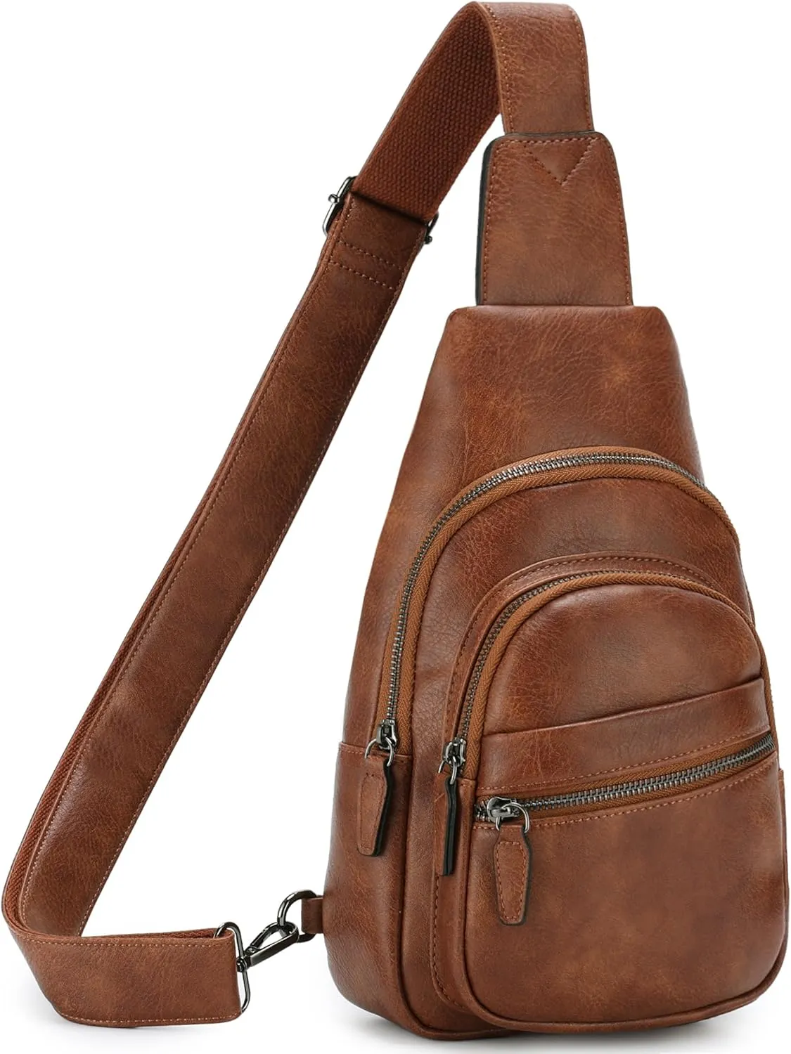 RAVUO Sling Bag, PU Leather Crossbody Backpack for Women Men Casual Hiking Daypack Multipurpose Chest Bag for Work College Brown