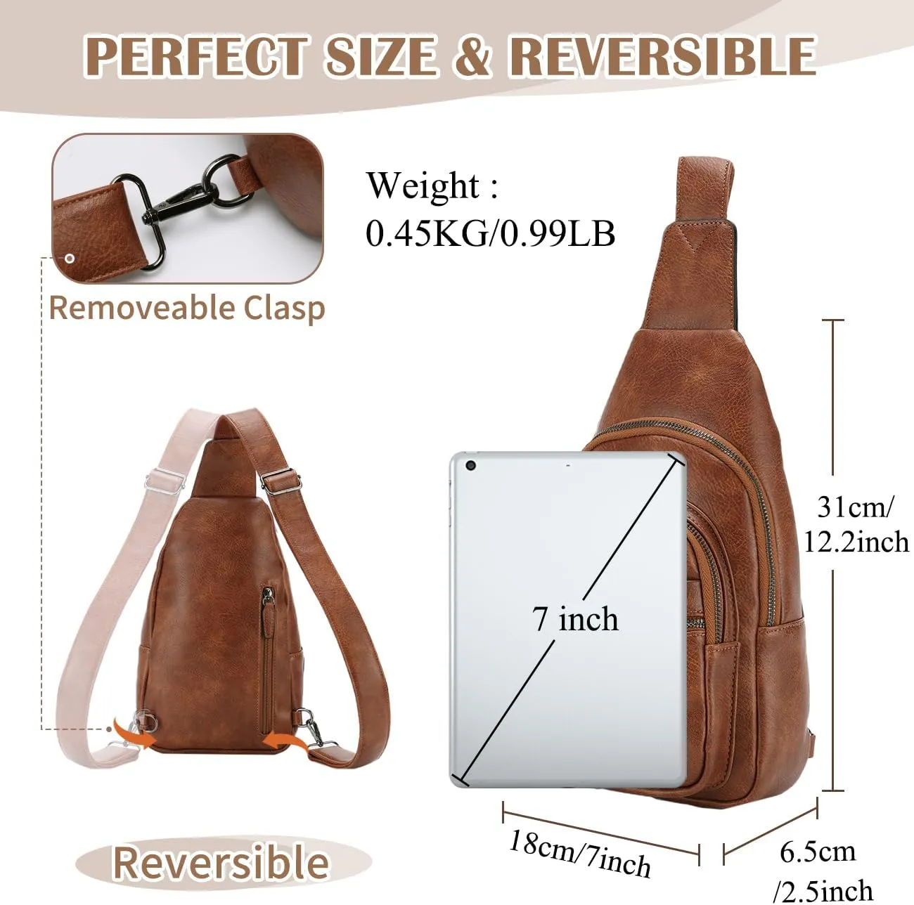 RAVUO Sling Bag, PU Leather Crossbody Backpack for Women Men Casual Hiking Daypack Multipurpose Chest Bag for Work College Brown