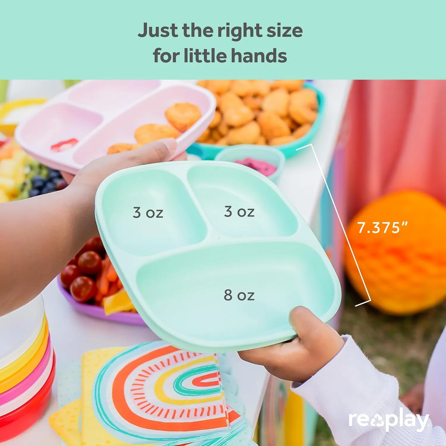 Re-Play Toddler Plates with Dividers - Deep-Walled 3 Compartments Divided Plates for Kids - Dishwasher & Microwave Safe - Made in USA - Set of 4-7.37" x 7.37" x 1.25" - Red