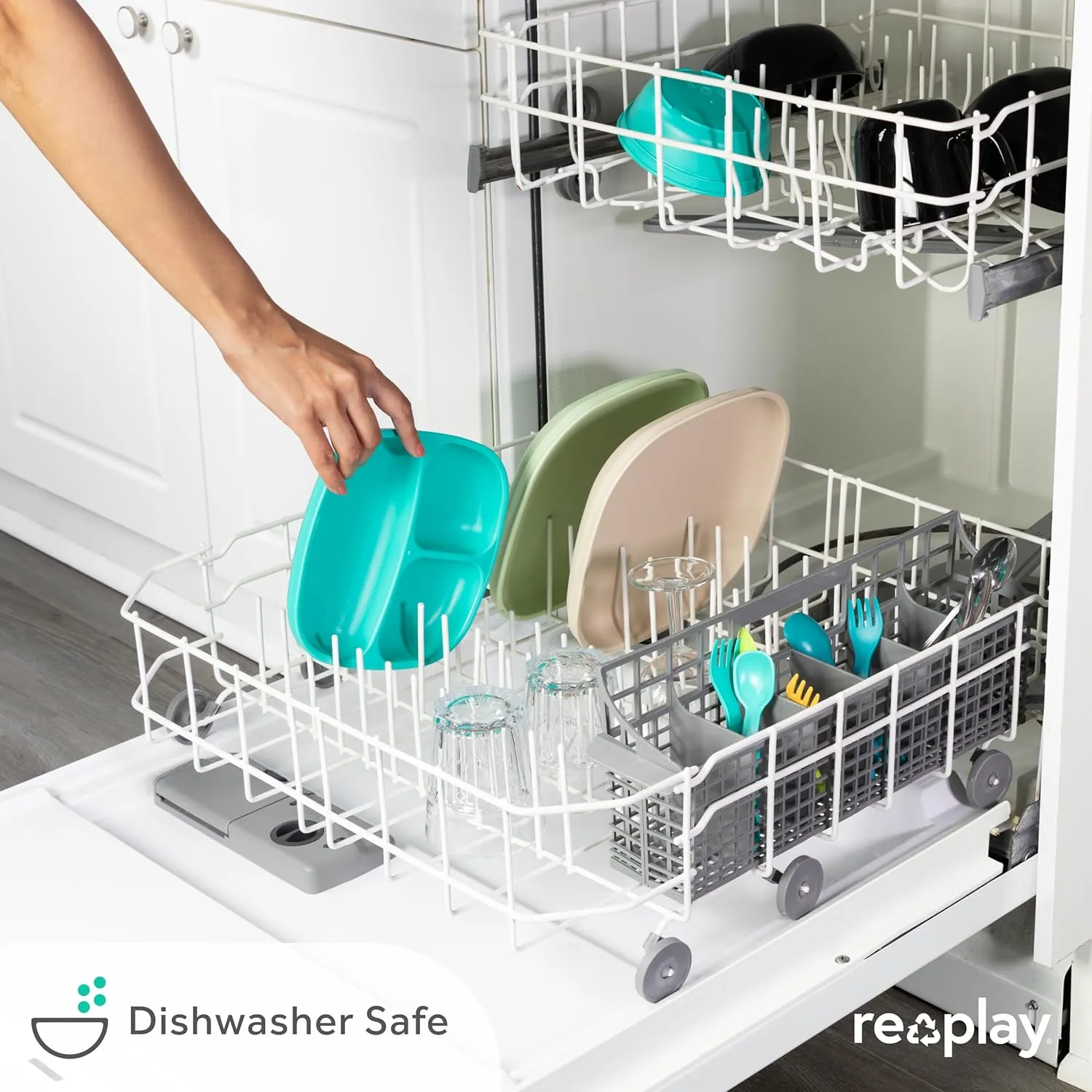 Re-Play Toddler Plates with Dividers - Deep-Walled 3 Compartments Divided Plates for Kids - Dishwasher & Microwave Safe - Made in USA - Set of 4-7.37" x 7.37" x 1.25" - Red