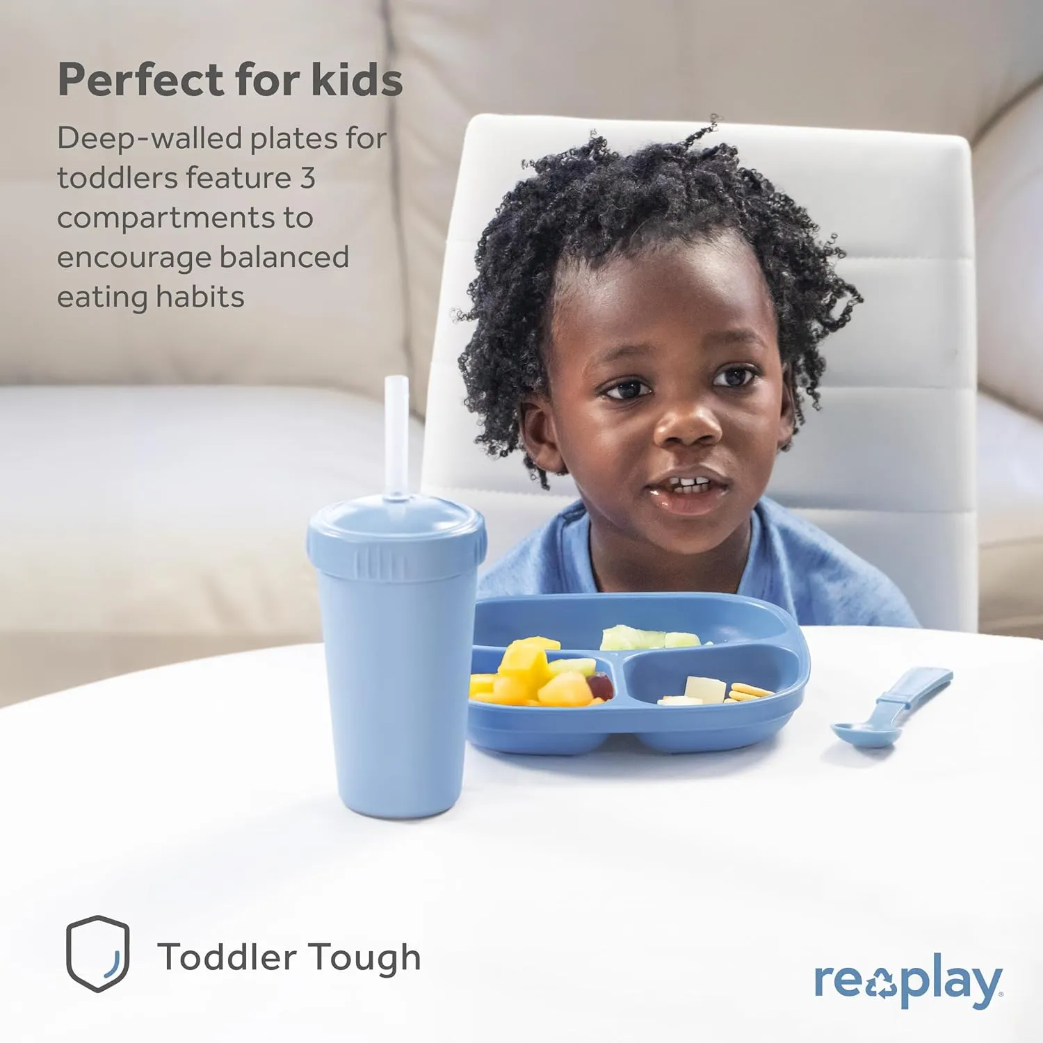 Re-Play Toddler Plates with Dividers - Deep-Walled 3 Compartments Divided Plates for Kids - Dishwasher & Microwave Safe - Made in USA - Set of 4-7.37" x 7.37" x 1.25" - Red