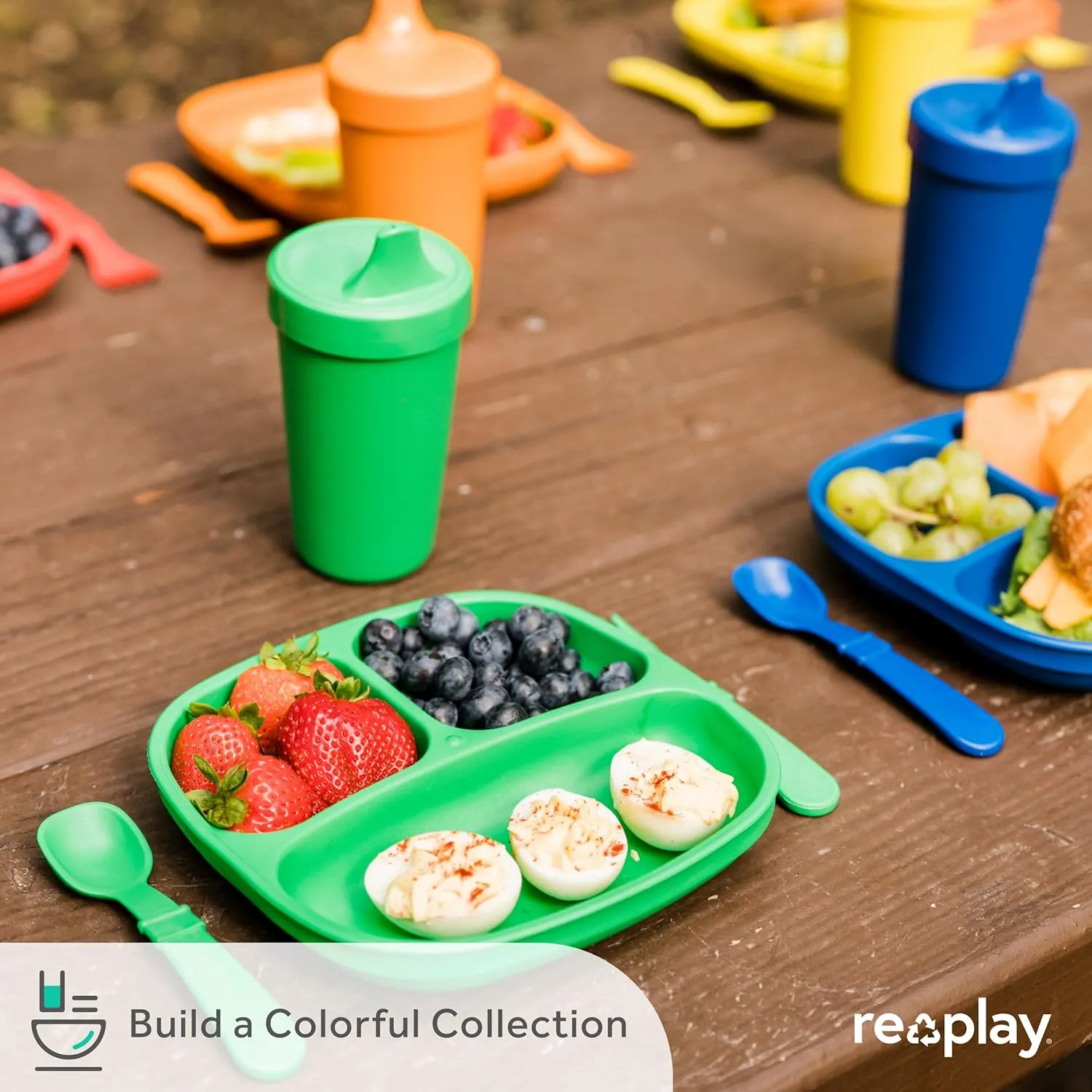Re-Play Toddler Plates with Dividers - Deep-Walled 3 Compartments Divided Plates for Kids - Dishwasher & Microwave Safe - Made in USA - Set of 4-7.37" x 7.37" x 1.25" - Red