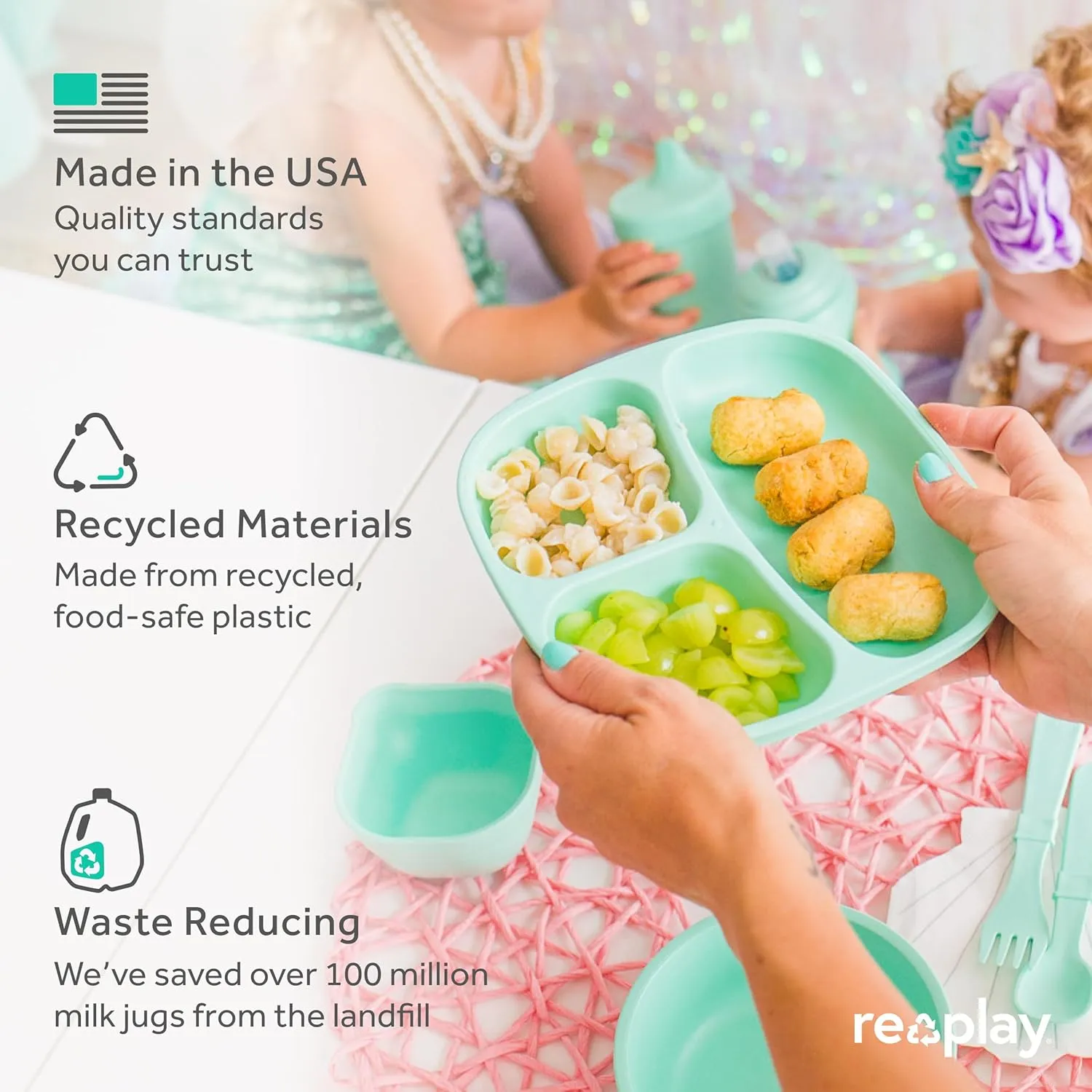 Re-Play Toddler Plates with Dividers - Deep-Walled 3 Compartments Divided Plates for Kids with 3 Lids - Dishwasher & Microwave Safe - Made in USA - Set of 3-7.37" x 7.37" x 1.25" - Aqua Asst
