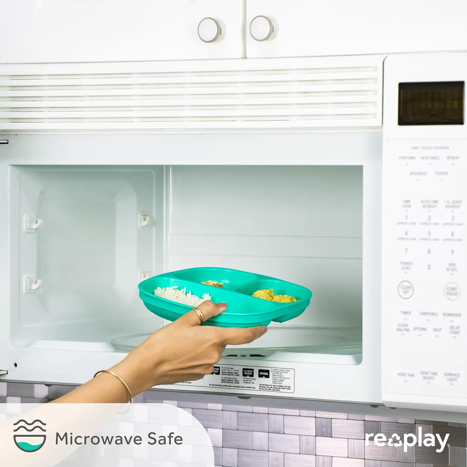 Re-Play Toddler Plates with Dividers - Deep-Walled 3 Compartments Divided Plates for Kids with 3 Lids - Dishwasher & Microwave Safe - Made in USA - Set of 3-7.37" x 7.37" x 1.25" - Aqua Asst