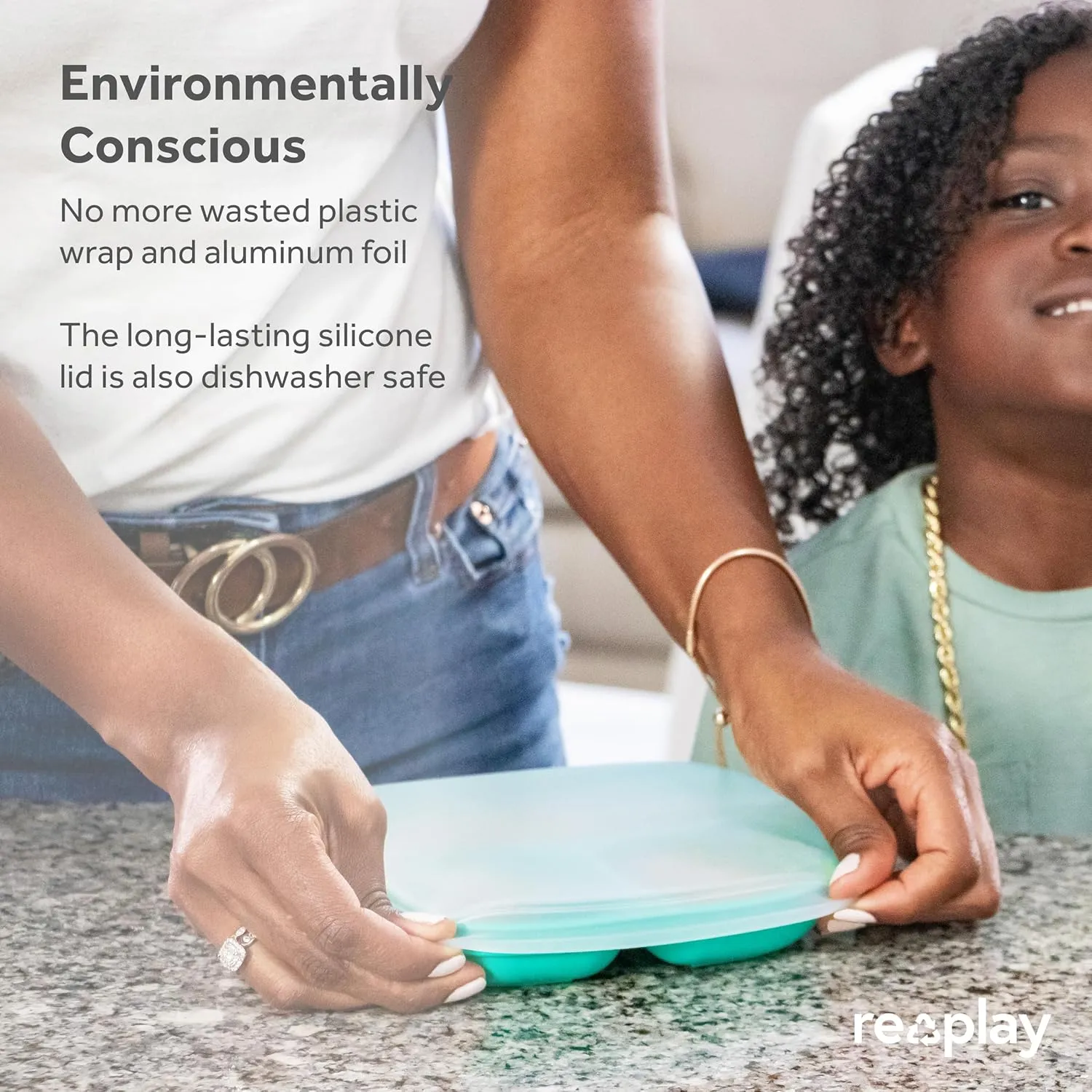 Re-Play Toddler Plates with Dividers - Deep-Walled 3 Compartments Divided Plates for Kids with 3 Lids - Dishwasher & Microwave Safe - Made in USA - Set of 3-7.37" x 7.37" x 1.25" - Aqua Asst