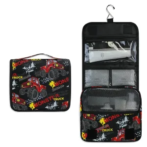 Red Truck Car, Trace of Tire, Drive and Speed on Black Travel Cosmetic Bag, Hanging Toiletry Wash bag, Portable Makeup Organizer Brush Case, Storage Bag with Hook for Bathroom Toilet