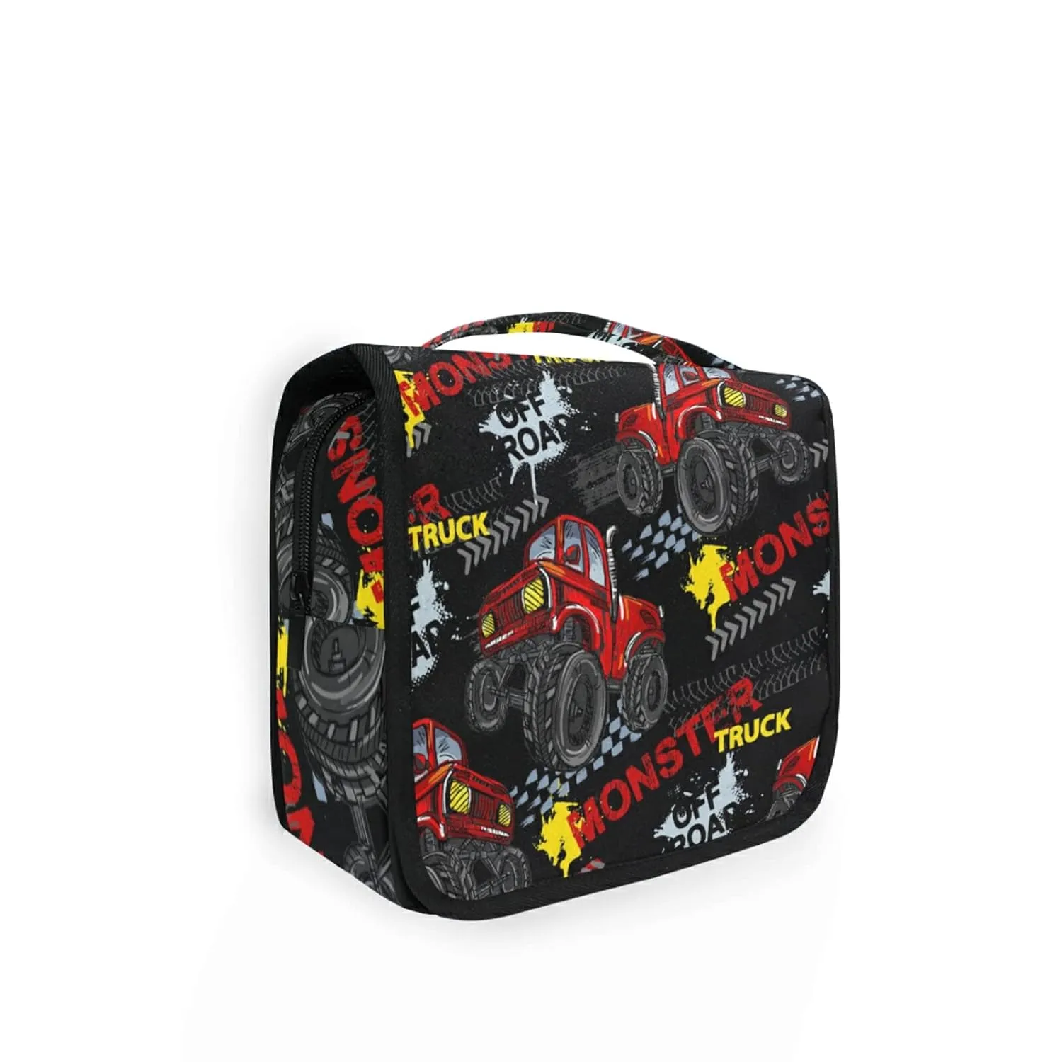 Red Truck Car, Trace of Tire, Drive and Speed on Black Travel Cosmetic Bag, Hanging Toiletry Wash bag, Portable Makeup Organizer Brush Case, Storage Bag with Hook for Bathroom Toilet