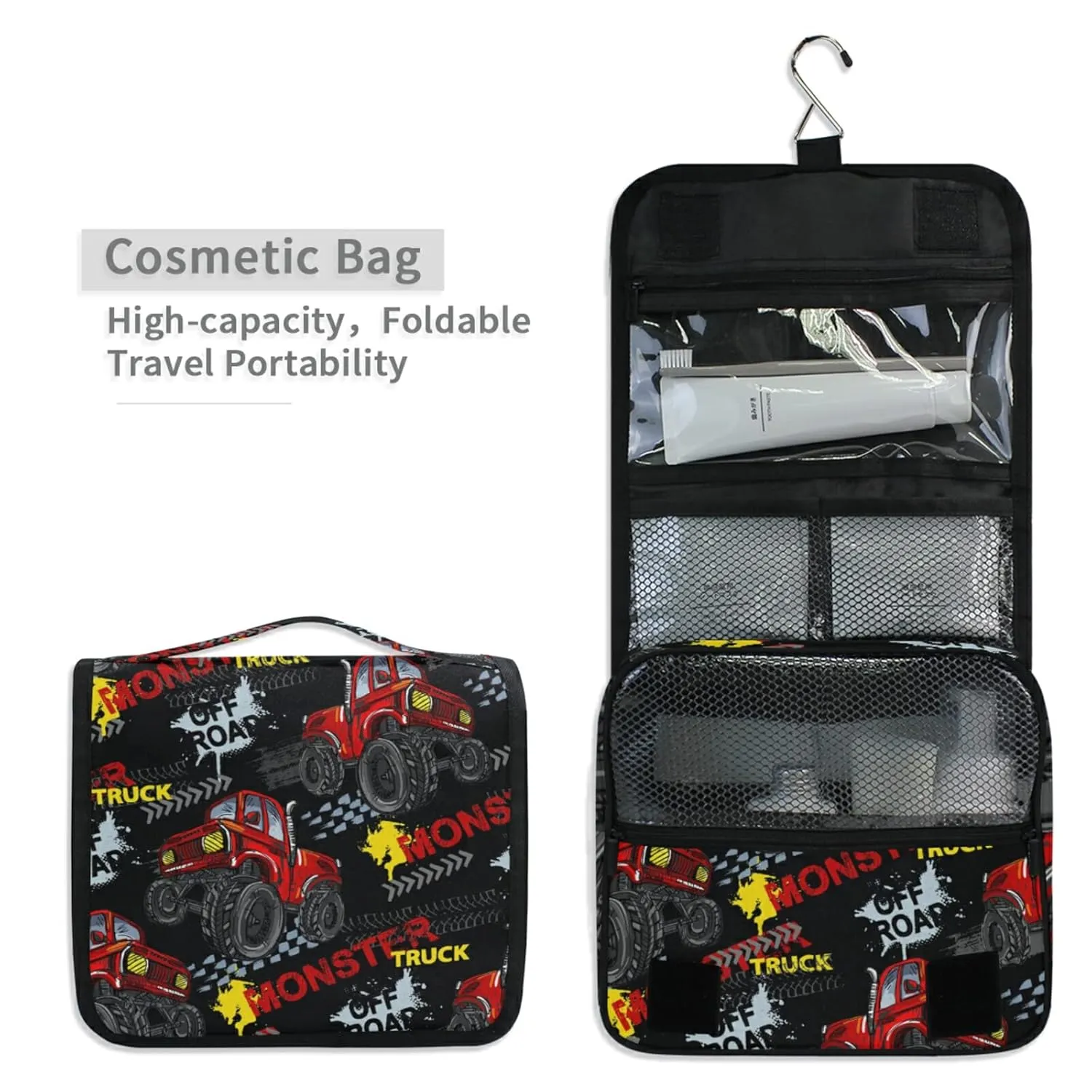 Red Truck Car, Trace of Tire, Drive and Speed on Black Travel Cosmetic Bag, Hanging Toiletry Wash bag, Portable Makeup Organizer Brush Case, Storage Bag with Hook for Bathroom Toilet