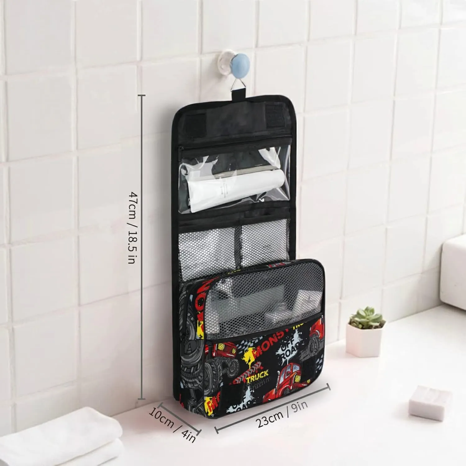 Red Truck Car, Trace of Tire, Drive and Speed on Black Travel Cosmetic Bag, Hanging Toiletry Wash bag, Portable Makeup Organizer Brush Case, Storage Bag with Hook for Bathroom Toilet