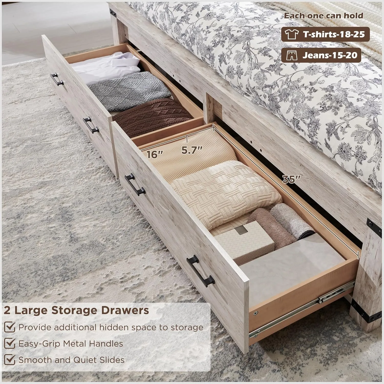 RedLemon Farmhouse King Size Bed Frame w/ 54" Tall Geometric Headboard, Rustic Wood Platform Bed w/ 2 Large Storage Drawers, Wood Slats Support, Noise Free, No Box Spring Needed, Antique Brush White