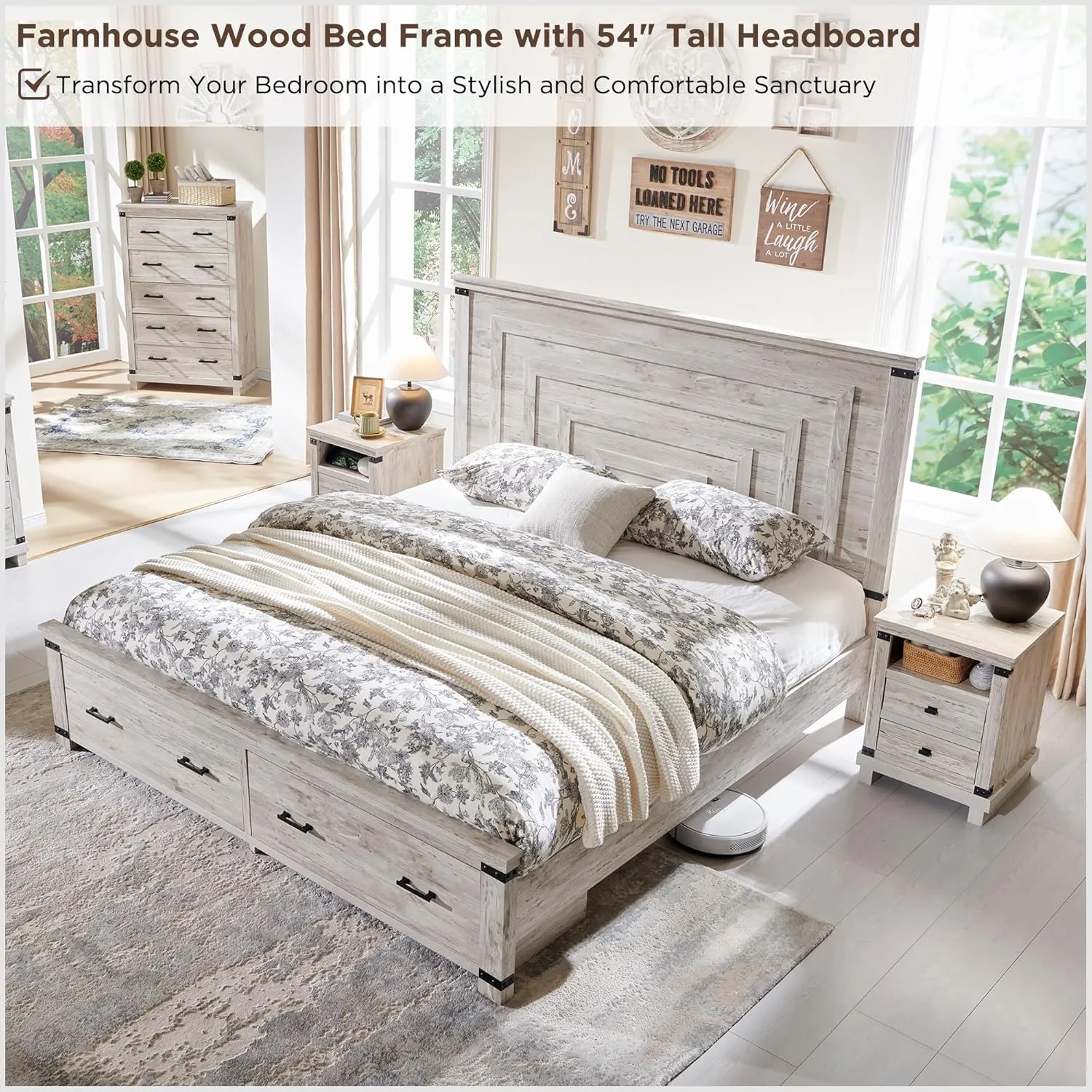 RedLemon Farmhouse King Size Bed Frame w/ 54" Tall Geometric Headboard, Rustic Wood Platform Bed w/ 2 Large Storage Drawers, Wood Slats Support, Noise Free, No Box Spring Needed, Antique Brush White