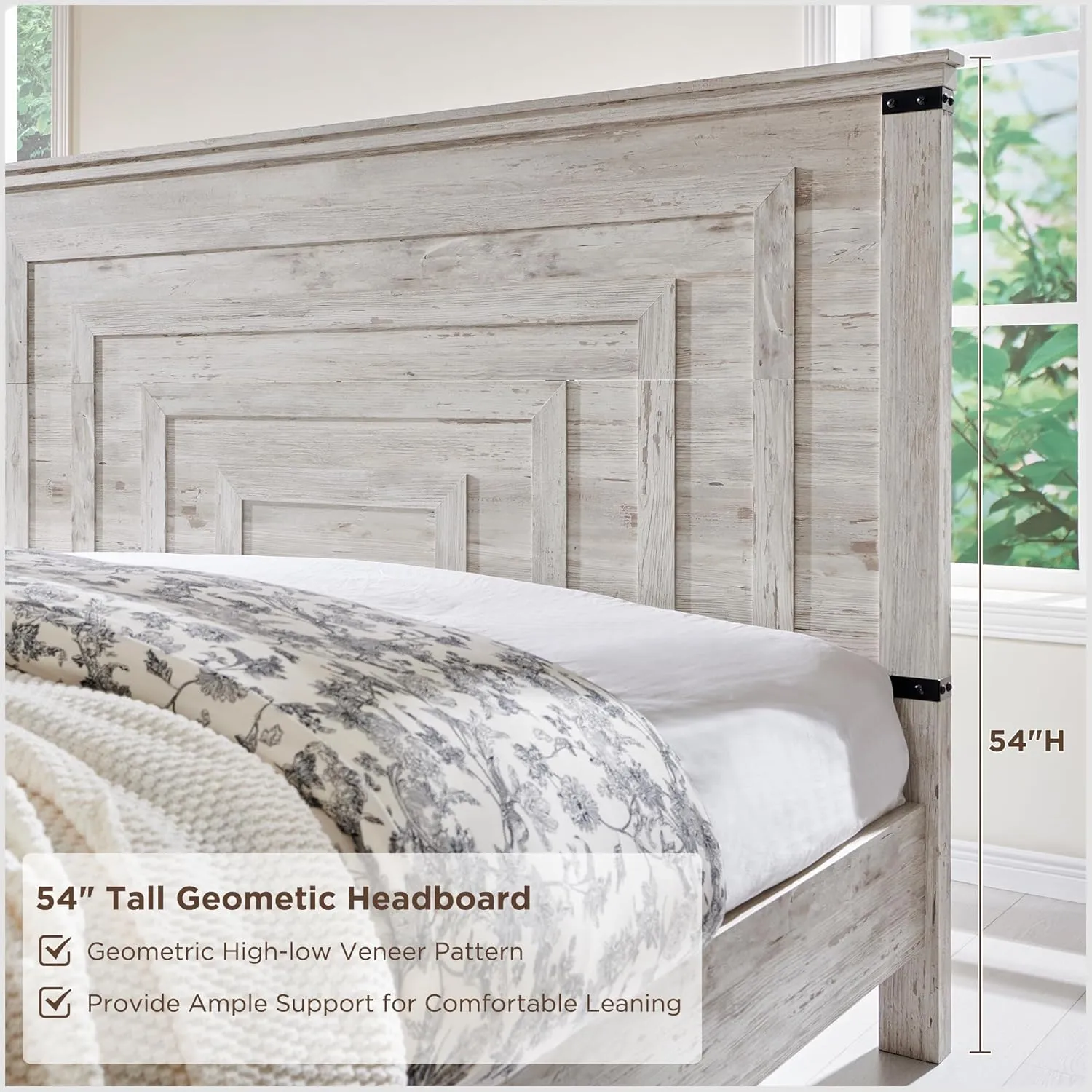 RedLemon Farmhouse King Size Bed Frame w/ 54" Tall Geometric Headboard, Rustic Wood Platform Bed w/ 2 Large Storage Drawers, Wood Slats Support, Noise Free, No Box Spring Needed, Antique Brush White