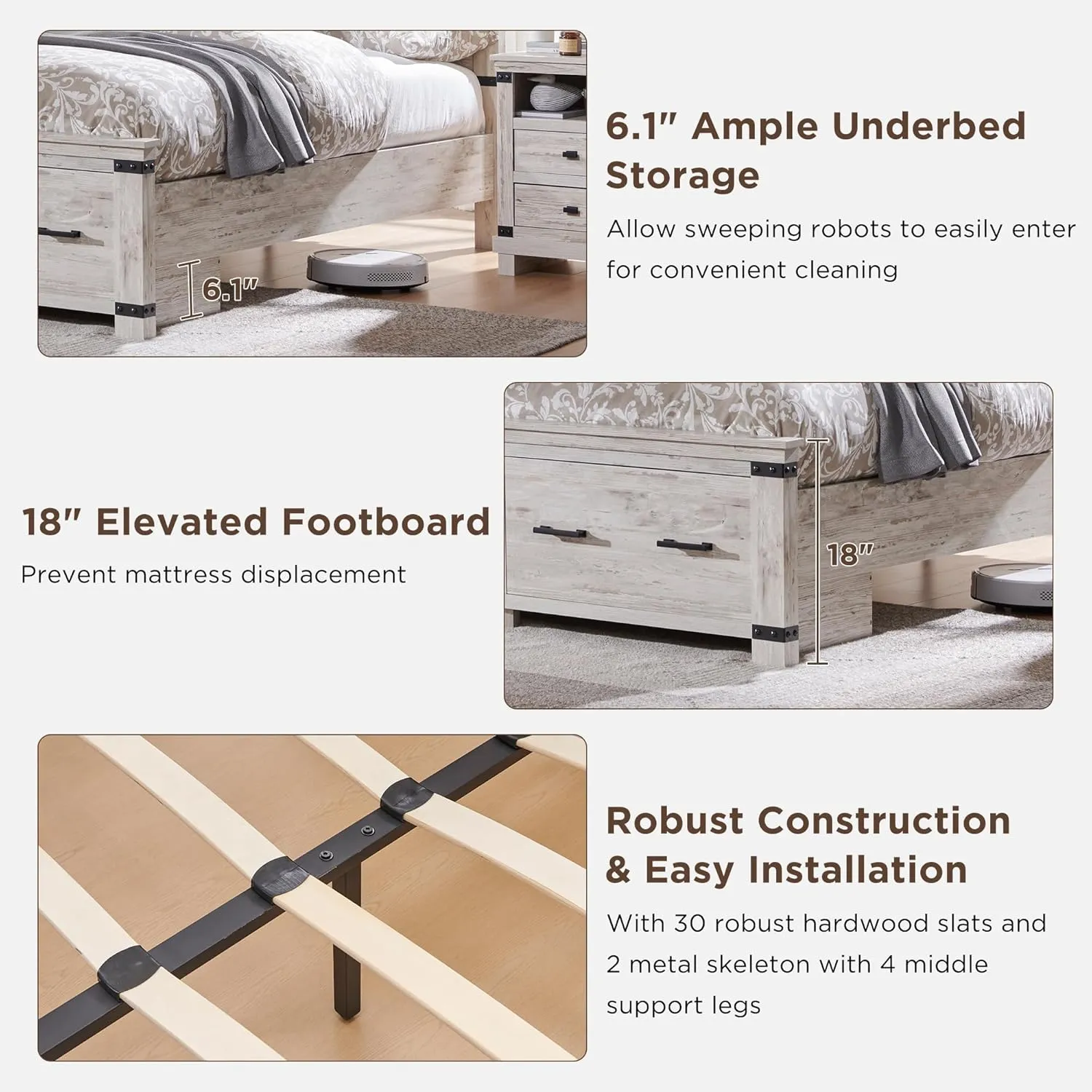 RedLemon Farmhouse King Size Bed Frame w/ 54" Tall Geometric Headboard, Rustic Wood Platform Bed w/ 2 Large Storage Drawers, Wood Slats Support, Noise Free, No Box Spring Needed, Antique Brush White