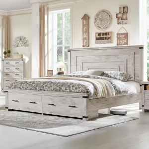 RedLemon Farmhouse King Size Bed Frame w/ 54" Tall Geometric Headboard, Rustic Wood Platform Bed w/ 2 Large Storage Drawers, Wood Slats Support, Noise Free, No Box Spring Needed, Antique Brush White