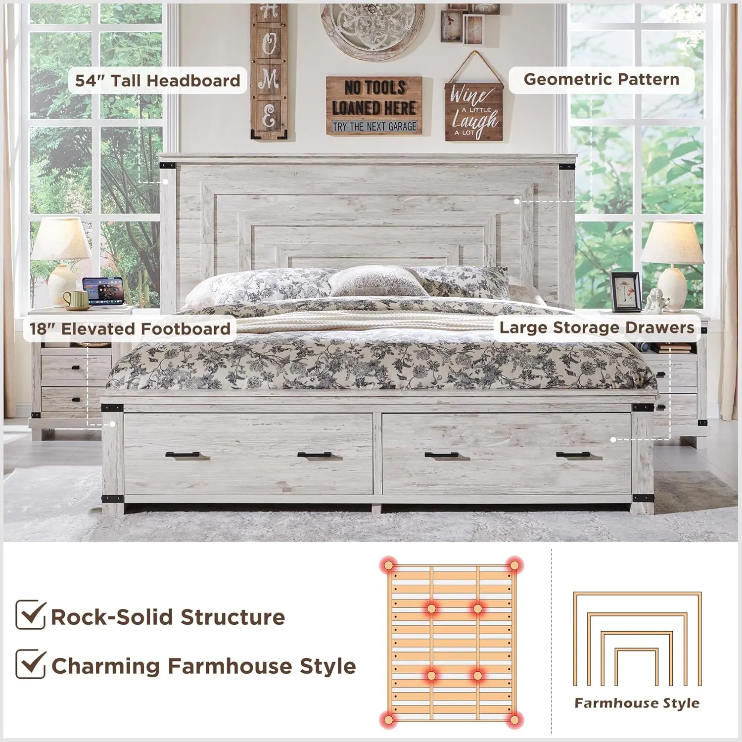 RedLemon Farmhouse King Size Bed Frame w/ 54" Tall Geometric Headboard, Rustic Wood Platform Bed w/ 2 Large Storage Drawers, Wood Slats Support, Noise Free, No Box Spring Needed, Antique Brush White