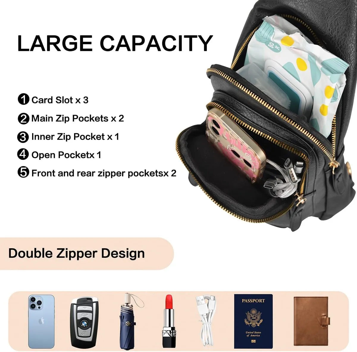 Relang Sling Bag for Women Crossbody, Leather Cross Body Fanny Packs for Women, Trendy Chest Bag for Travel and Daily Use