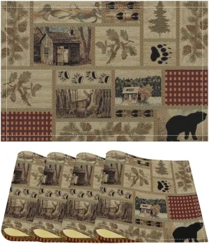 Retro Cabin Placemats Set of 4,Rustic Vintage Jungle Wildlife Elk Deer Bear Country Style Lodge Print Table Mats for Home Dining Table Kitchen Farm Party Decor 4PCS