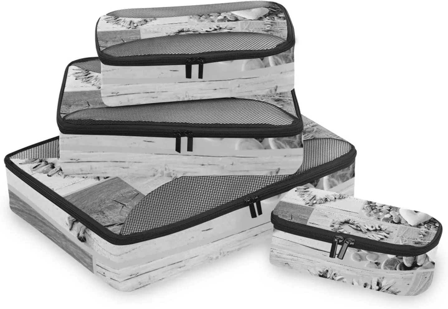 Retro Hearts of Seashells, Starfish, Driftwood and Beach Goods 4 PCs Set Packing Bags, Luggage Organizer Bag, Portable Cube Toiletry bag, Durable Travel Cosmetic Storage Bag for Men Women