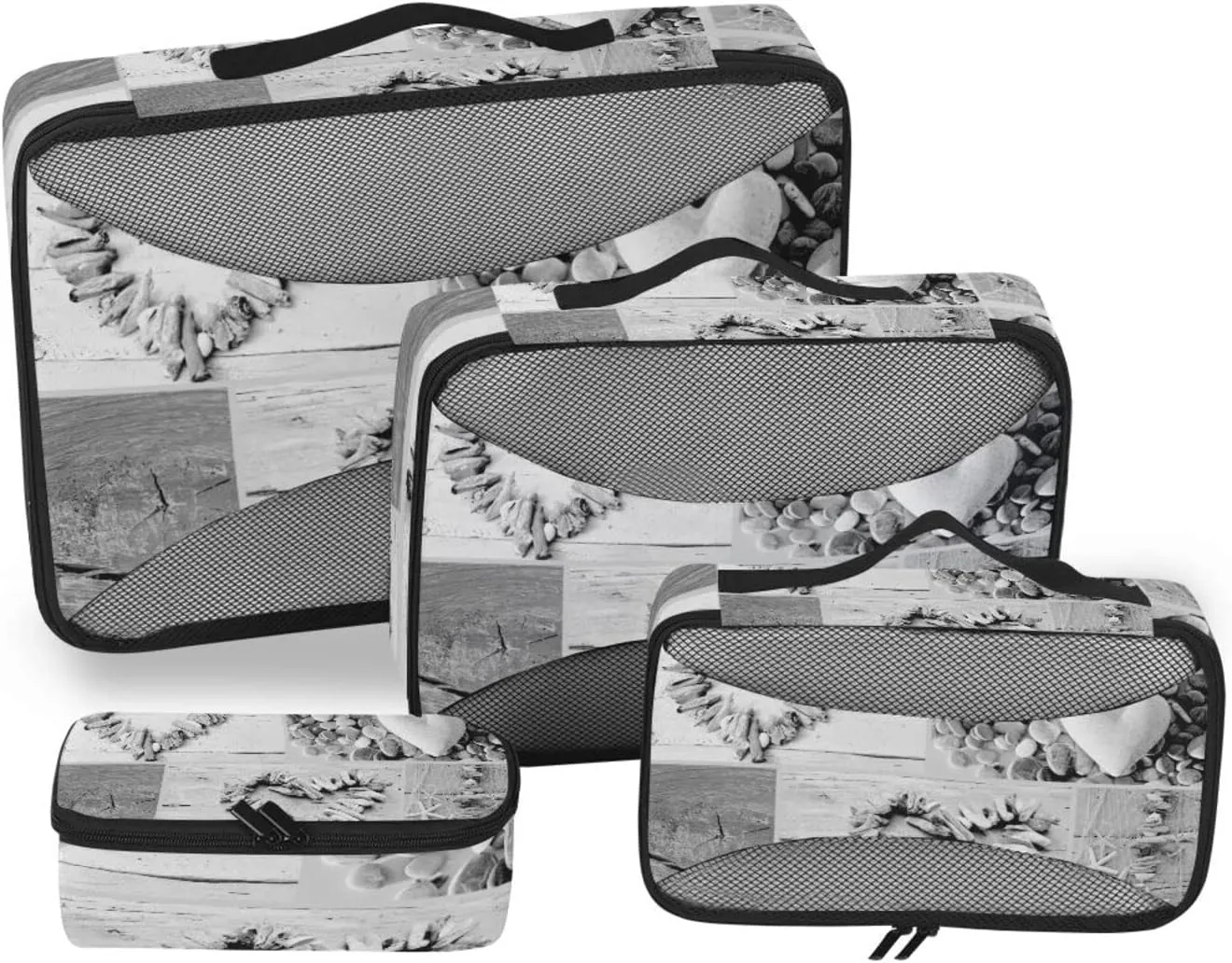 Retro Hearts of Seashells, Starfish, Driftwood and Beach Goods 4 PCs Set Packing Bags, Luggage Organizer Bag, Portable Cube Toiletry bag, Durable Travel Cosmetic Storage Bag for Men Women